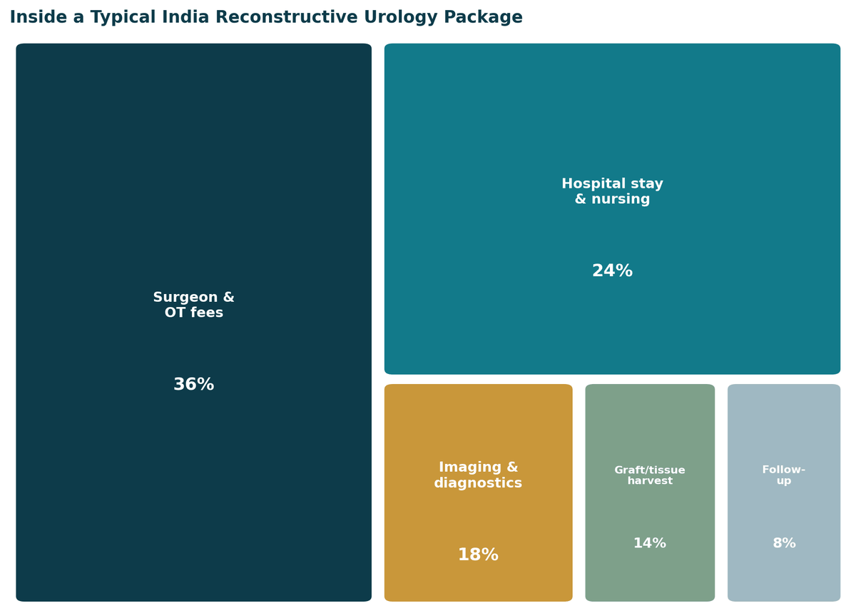 Inside a typical India reconstructive urology package: surgeon and OT fees 36%, hospital stay and nursing 24%, imaging and diagnostics 18%, graft or tissue harvest 14%, follow-up 8%. Confirm exact inclusions with your hospital in writing.