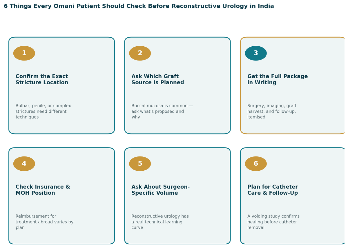 Six things every Omani patient should check before reconstructive urology in India: 1. Get proper imaging first; 2. Ask which graft source is planned; 3. Get the full package in writing; 4. Check insurance and MOH position; 5. Ask about the surgeon's urethroplasty-specific volume; 6. Plan for a flexible catheter-removal timeline.